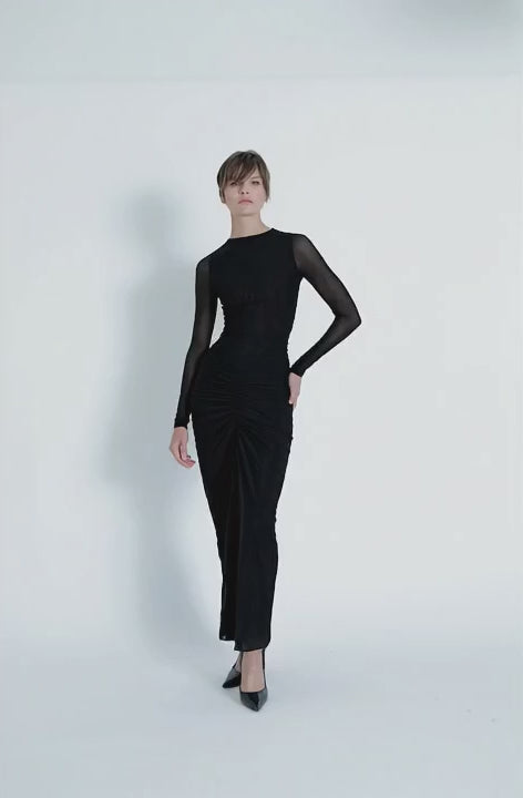 ariana long sleeve mesh dress Ariana Mesh Solid Maxi Dress XS / Black