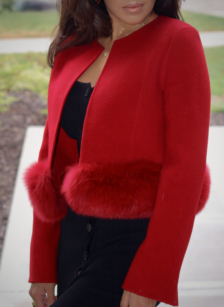 Khatwalk Cropped Wool Jacket with Fur Trim