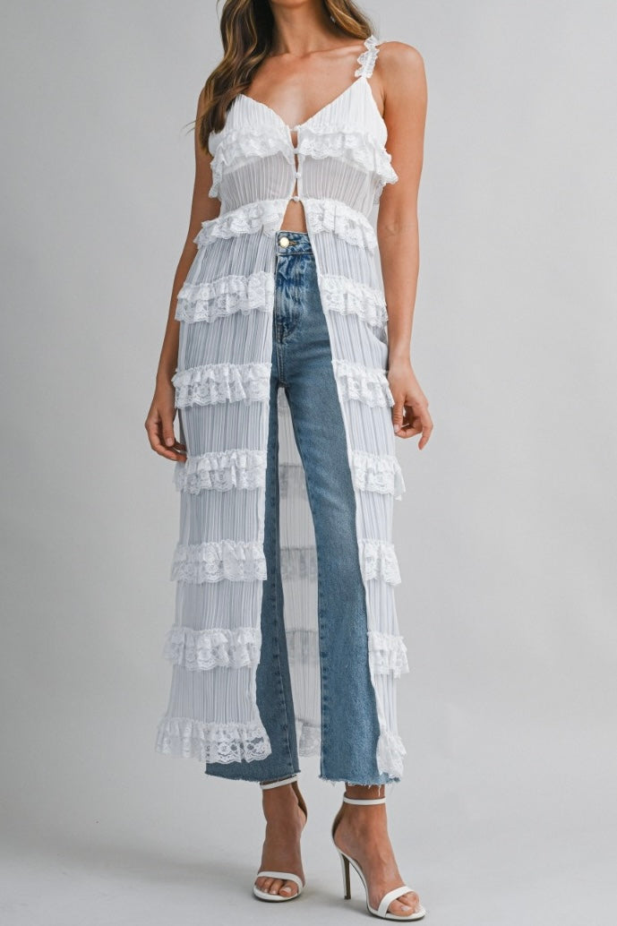 The Ella Pleated Ruffle Trim Open Midi Dress