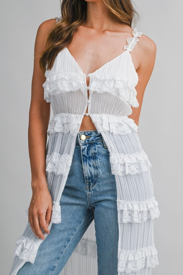 The Ella Pleated Ruffle Trim Open Midi Dress