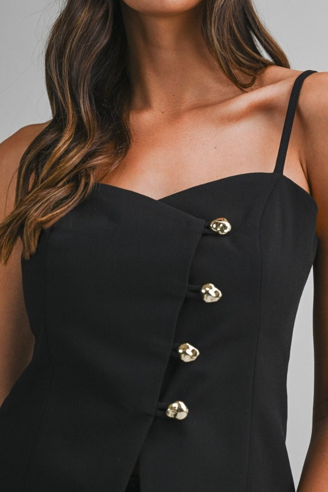 The Arie Flared Button-Front Spaghetti Strap Top