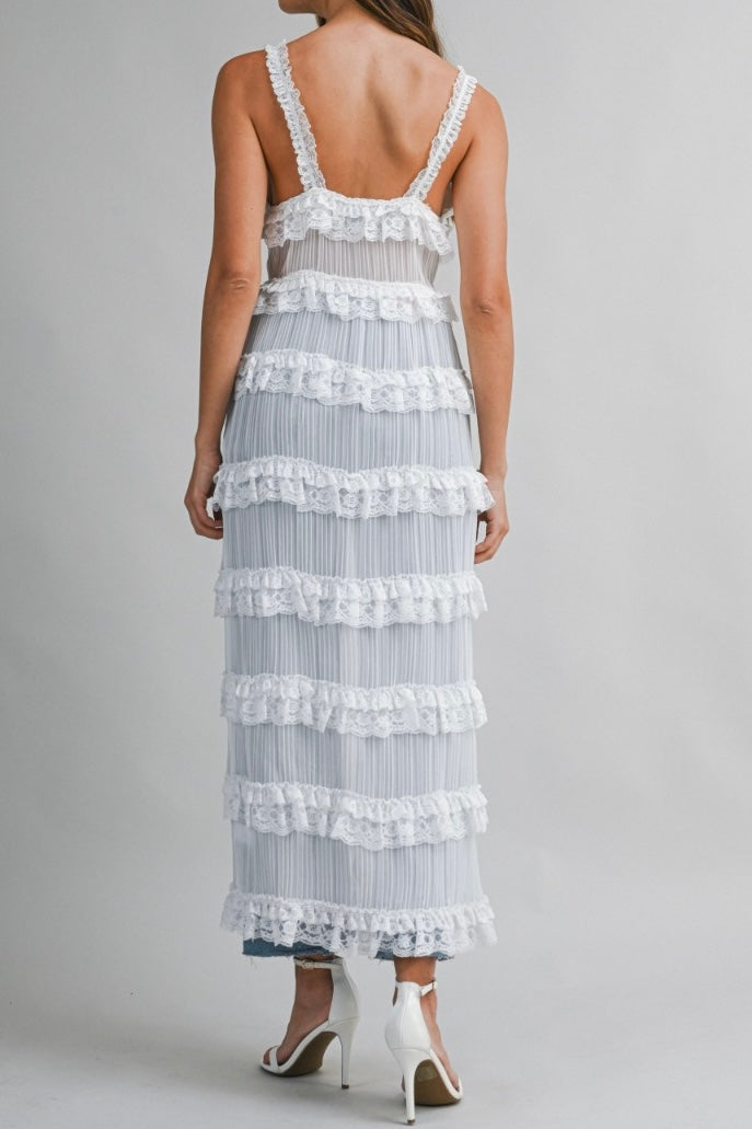 The Ella Pleated Ruffle Trim Open Midi Dress