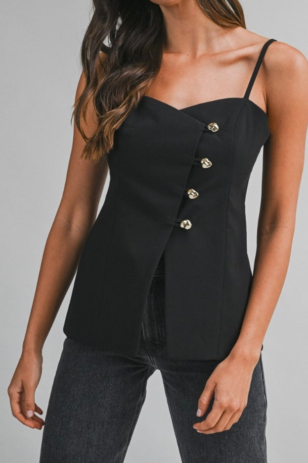 The Arie Flared Button-Front Spaghetti Strap Top