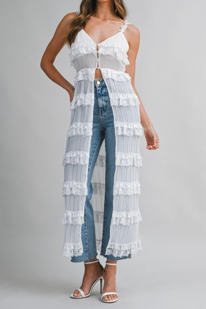 The Ella Pleated Ruffle Trim Open Midi Dress