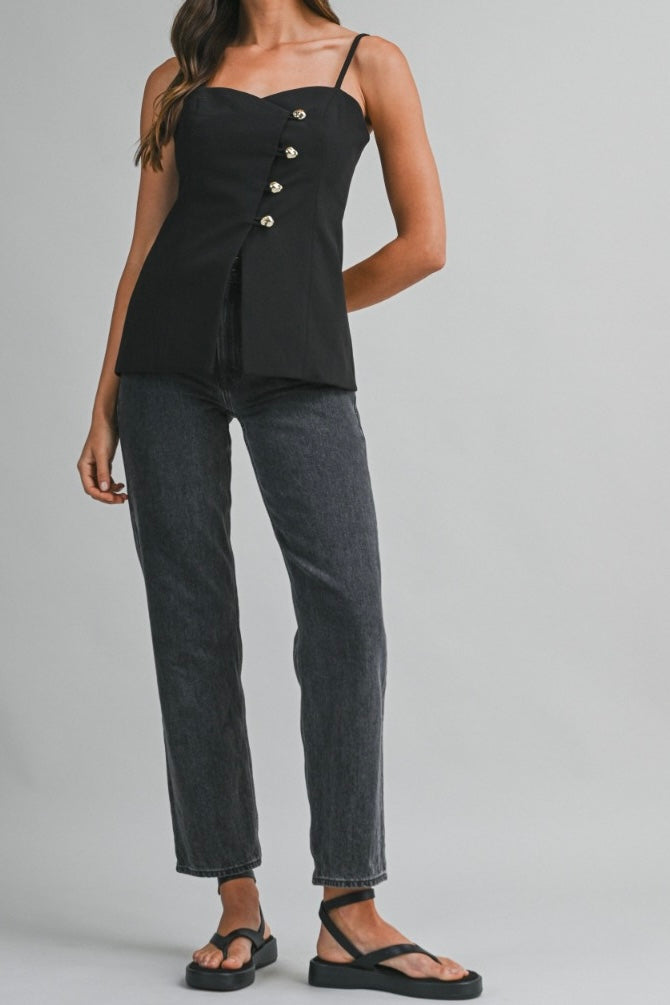 The Arie Flared Button-Front Spaghetti Strap Top