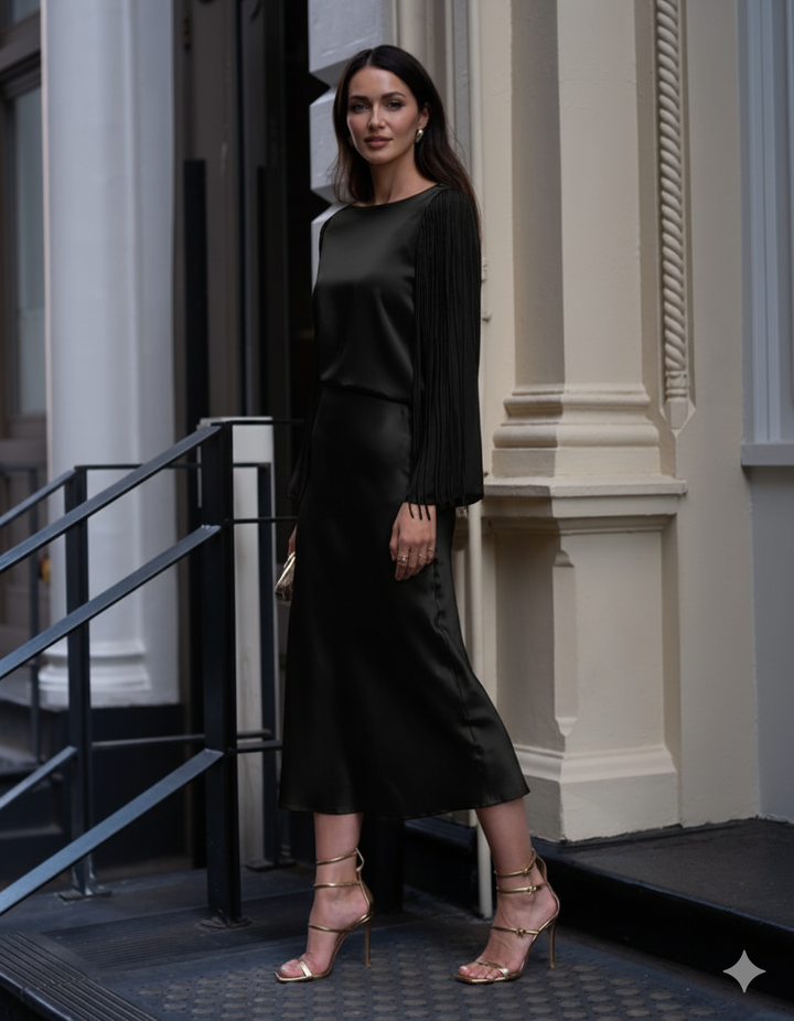 Boat Neck Silk Blouse with Corded Sleeves