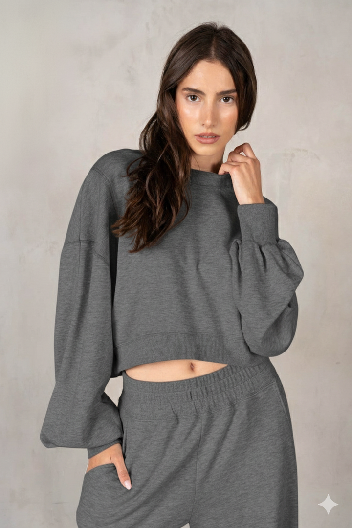 Matching Rib Semi Cropped Sweatshirt with Wide Oversized Sweatpants