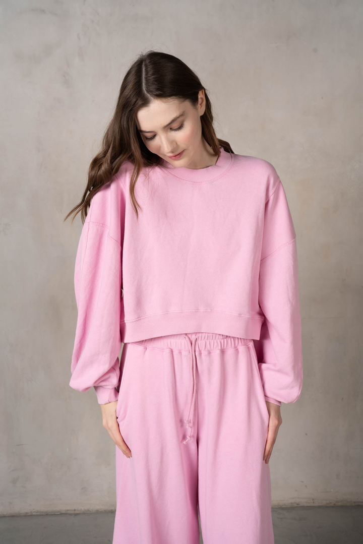 Matching Rib Semi Cropped Sweatshirt with Wide Oversized Sweatpants