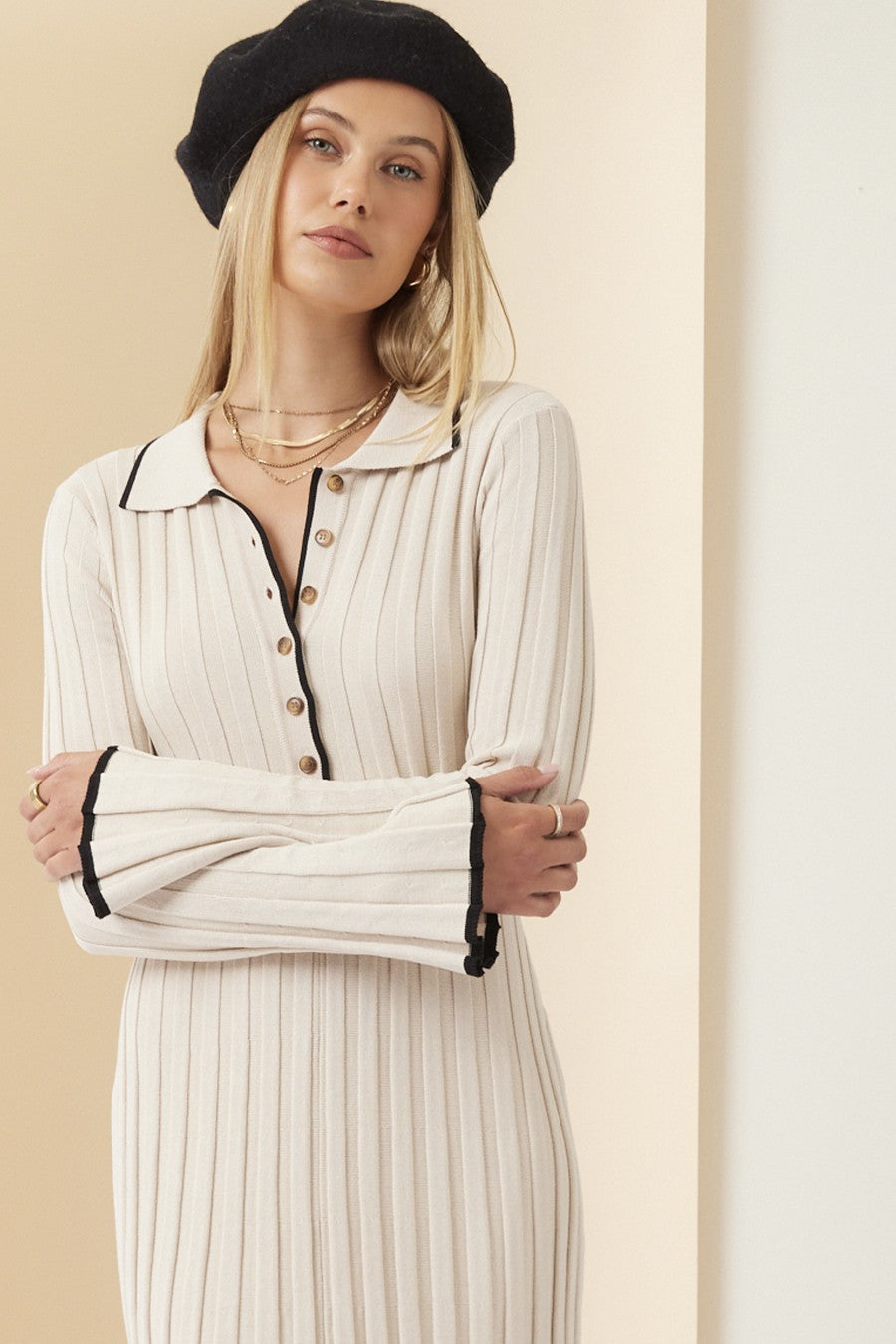 Long taupe ribbed button-up dress with black trim