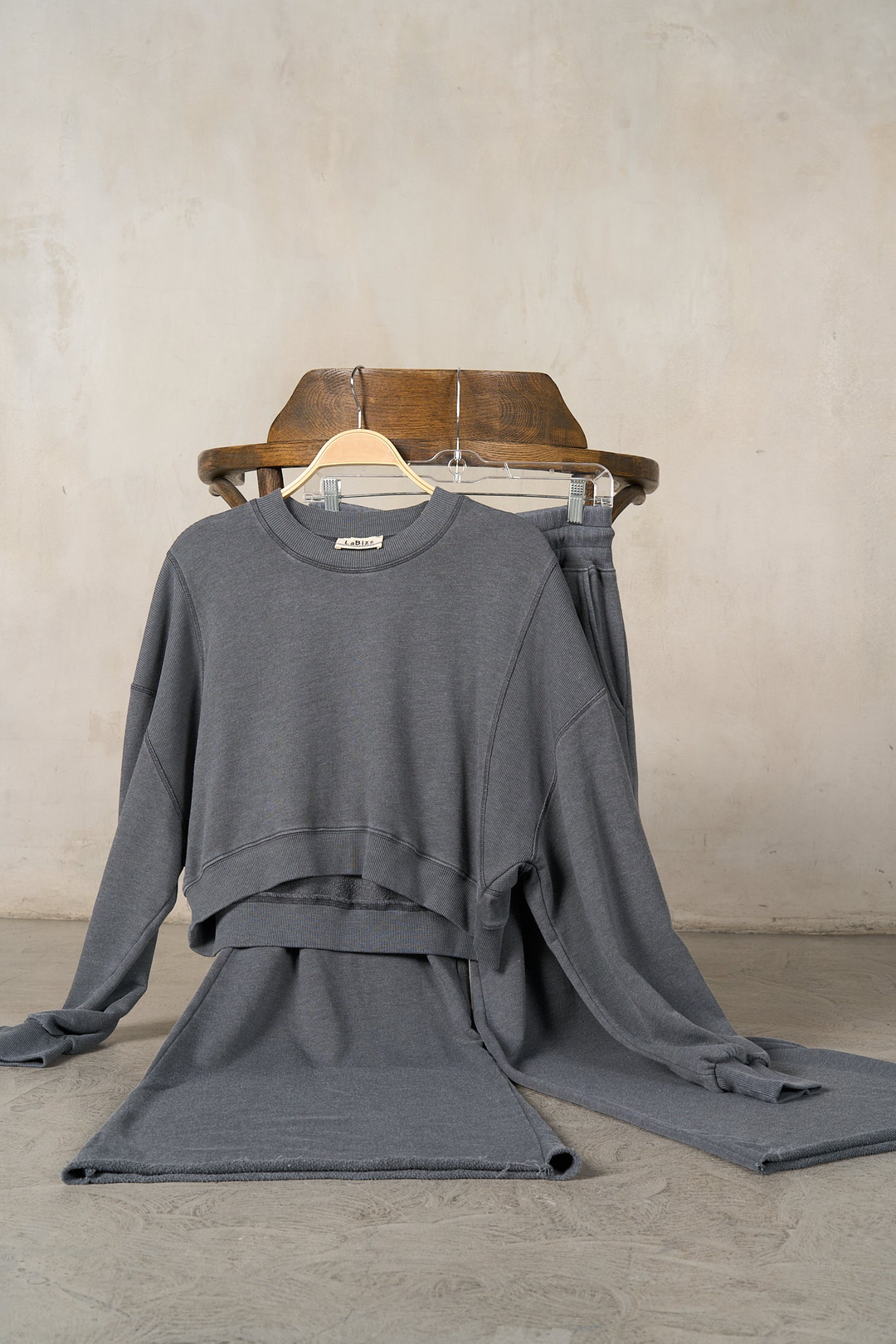 Matching Rib Semi Cropped Sweatshirt with Wide Oversized Sweatpants