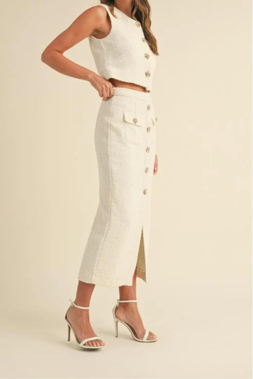Tweed vest and slit midi skirt set
