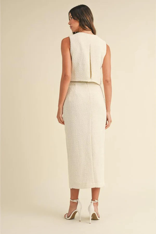 Tweed vest and slit midi skirt set