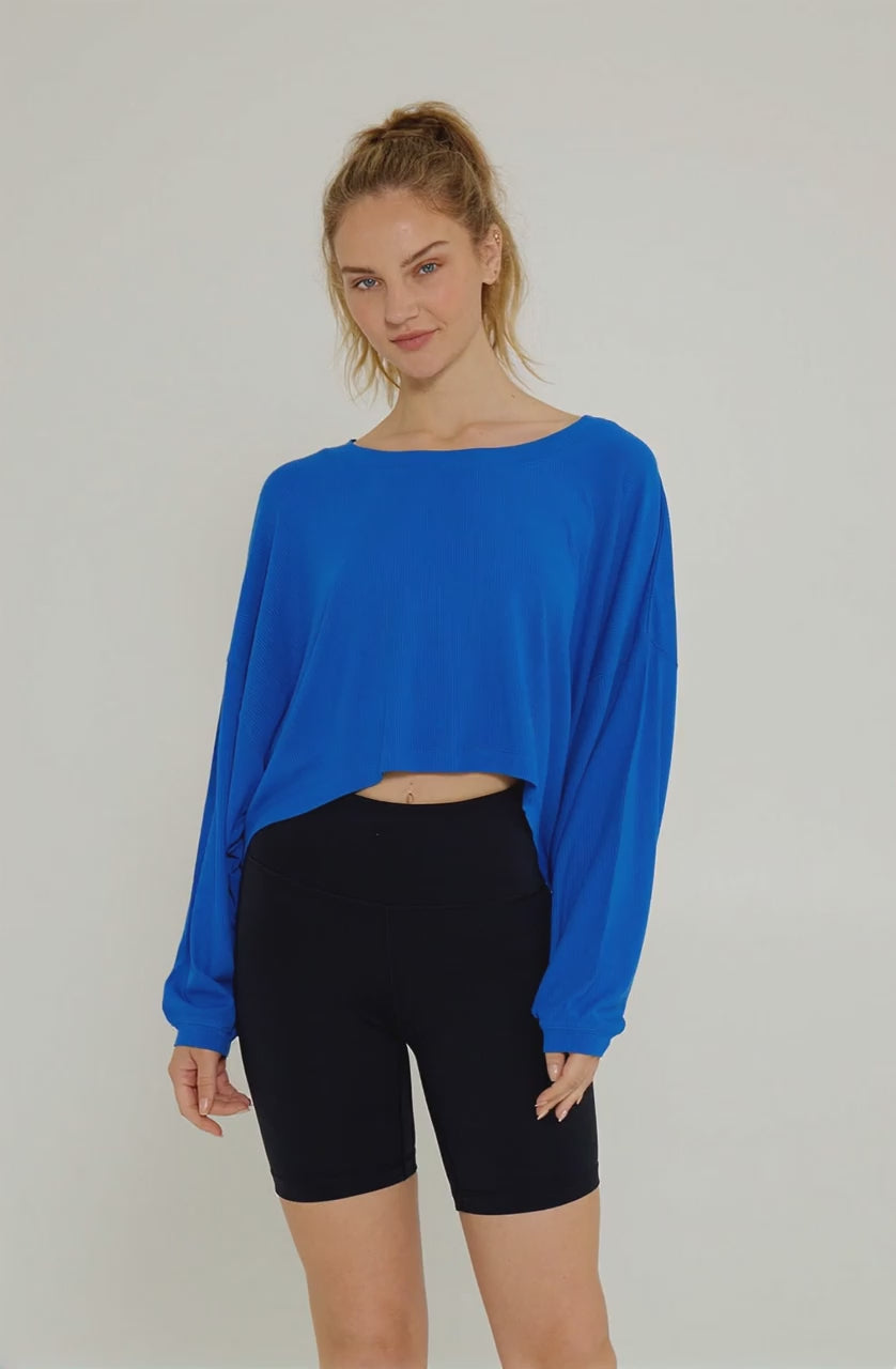 Alexa Oversized Crop Top with Drop-Shoulder Design Sapphire Blue