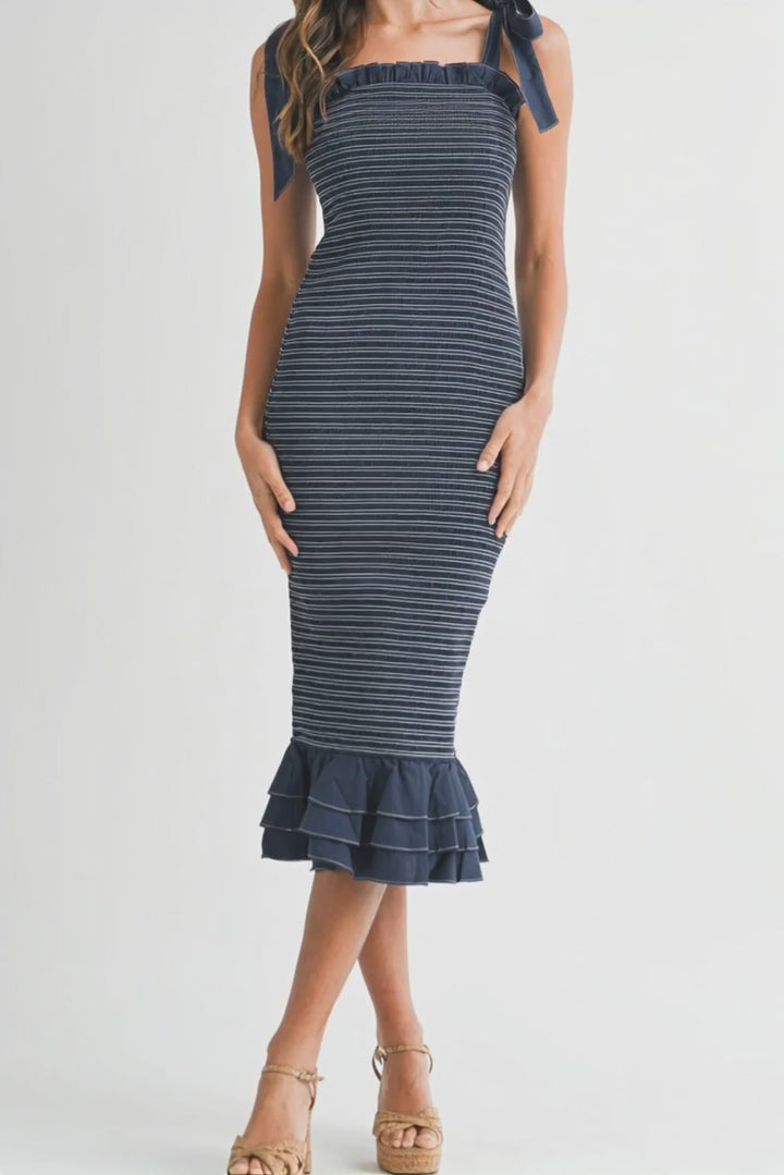 Hannah Smocked Shoulder Tie Midi Dress