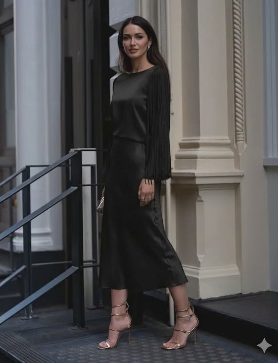 Boat Neck Silk Blouse with Corded Sleeves